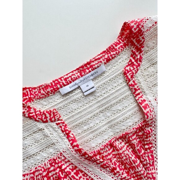 DVF DIANE VON FURSTENBERG Gaylen Red Silk Cotton Lace Trim Tunic Blouse, Size 10 - Picture 9 of 14